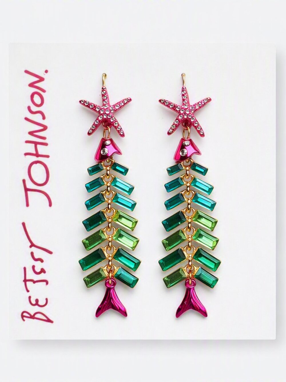 Betsey Johnson Fish Skeleton Earrings – Pink Starfish & Gemstone Design
